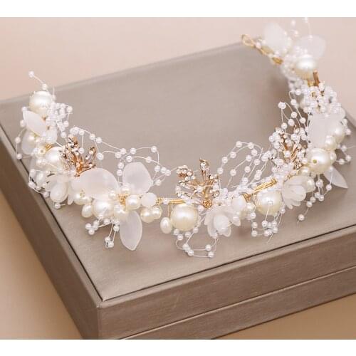 KMVEXO Handmade White Flowers Hair Band Pearl Ribbon Yarn Wedding Headbands Bridal Pageant Head Pieces For Women Tiaras Jewelry