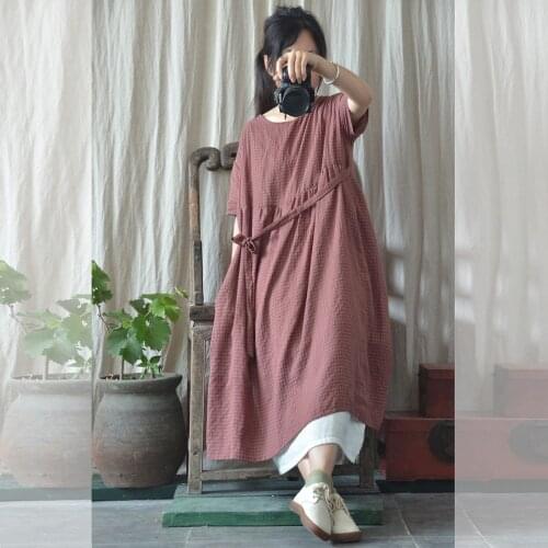 Johnature Women High Waist Bandage Dresses O-Neck Short Sleeve Robes 2021 New Summer Plaid Loose Female Vintage Dresses