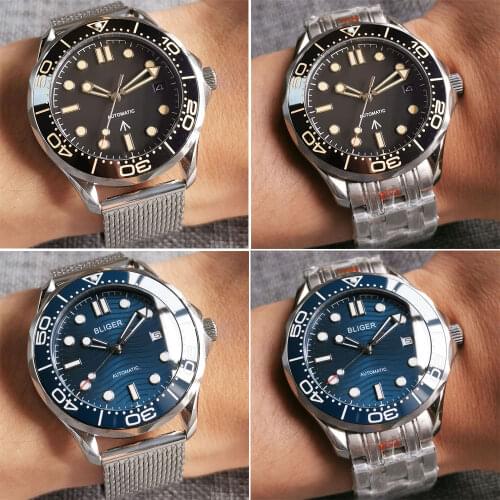 Bliger 41mm Automatic Mens Watch Miyota 8215 NH35A Wave Dial Sapphire Glass Date Window Steel Bracelet Ceramic Rotating Bezel