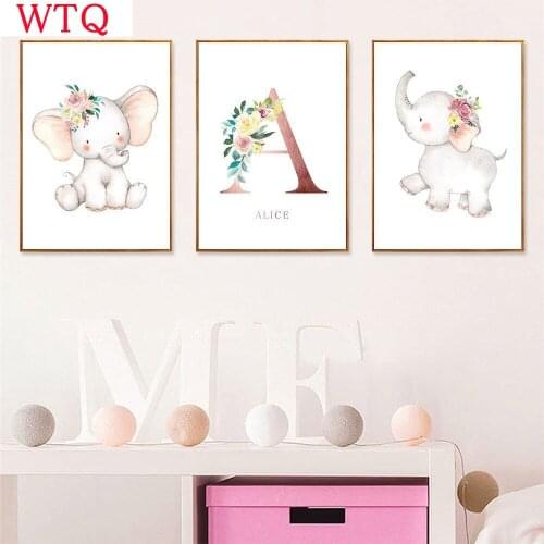 Flower Elephant Nursery Art Print Personalized Custom Name Poster Wall Art Paintings Nordic Canvas Picture Baby Girl Room Decor