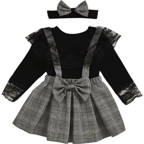 Baby girl clothes girl spring and autumn cute long-sleeved lace blouse plaid suspender skirt + three-piece headdress girl suit