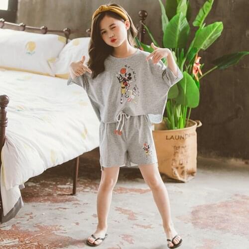 Disney Mickey Children Cotton Pajamas Set Women Short Sleeve Tops Suit Kid Cartoon Girls Sleepwear Home Clothing Nightgowns