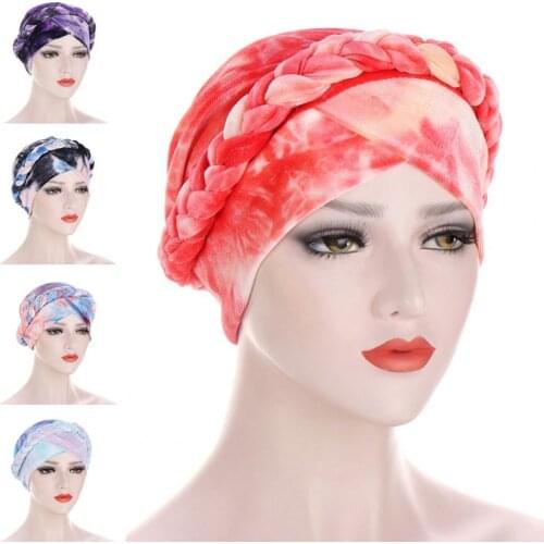 Tie-dyed Flannel Braid Stretch Foldable Beanie Cap Headscarf Headwear for Daily Wear