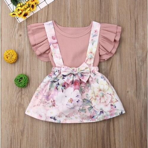 Pink Newborn Baby Kids Girls Fly Sleeve Romper Tops Bow Suspender Skirt 2pcs Outfits Set Cute Toddler Clothing for 1-3Years