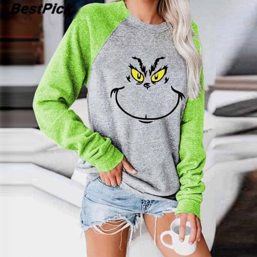 Christmas Cute Grinch Women Sweatshirts Hoodies Crewneck Long Sleeve Cartoon Print Pullover Tops 2020 Autumn Winter Top