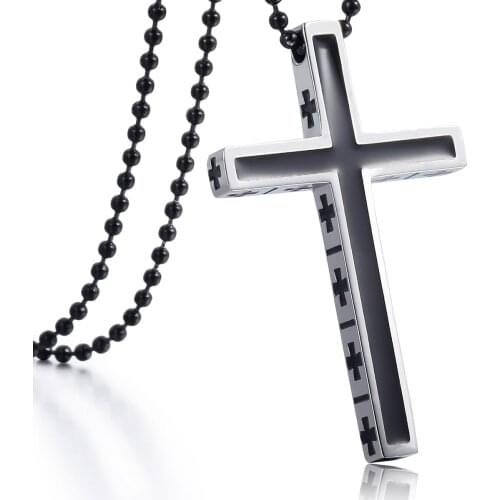 Fashion Silver Color Stainless Steel Small Cross Pendant Necklace Black Vintage Chain for Women Men DKP594