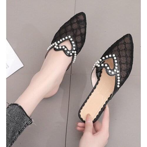 Baotou Net Yarn Slippers WomenS Outer Wear Flat Thick Heel 2021 Summer New Wild Pointed Fashion Breathable Sandals And Slippers