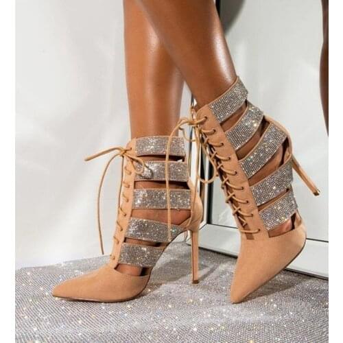 Fashion Rhinestone Embellished Faux Suede Pointed Toe Stiletto Heel Bootie Pointed Toe Lace-up Hollow Dress Shoes Drop Ship