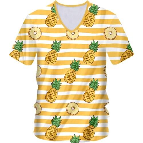 Mens T Shirt EU Size V-neck Tshirt Striped Pineapple Casual 3D Printed Fruit Casual Short Sleeve Shirt Summer Harajuku Clothes