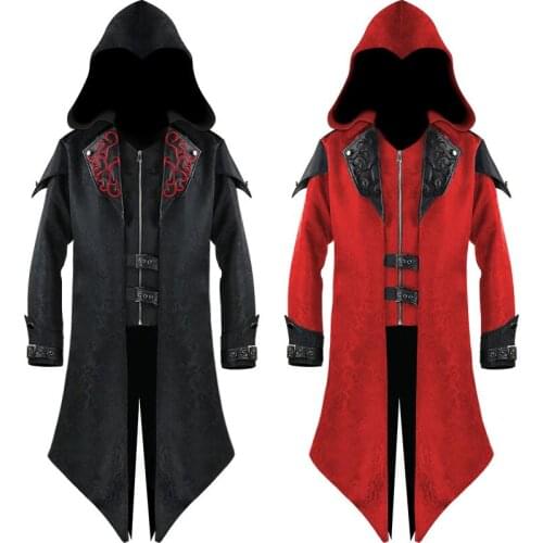 2019 Medieval Retro Style Mens Windbreaker Black Red Windcoat European and American Gothic Splicing Coat Man