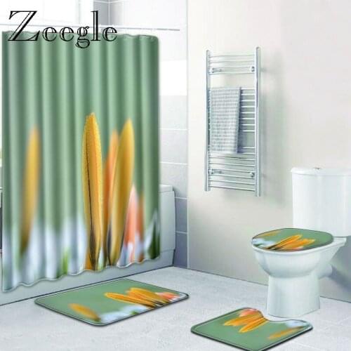 Zeegle Plant Bath Mat Set and Shower Curtain Toilet Cover Bath Mat Pad Set Non-Slip Soft Floor Mat Rug Bathroom Set with Hooks