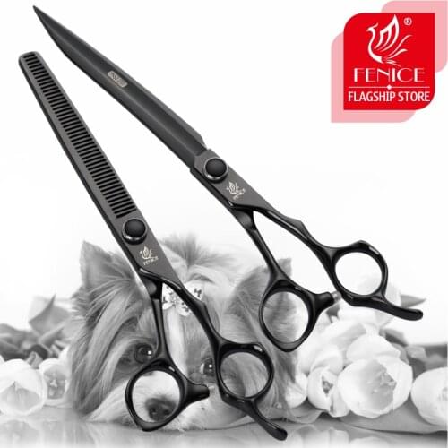 Fenice 7/7.5 inch Professional Black Pet Scissors Set for Dog Grooming Cutting&Thinning Shears Set Animal Haircut Scissors Kit