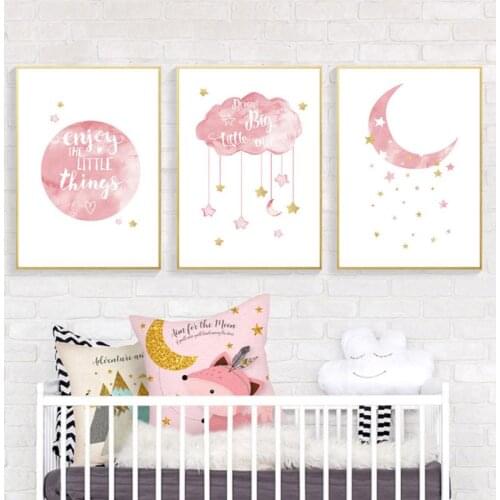Pink Moon Cloud Nordic Children Poster Watercolor Painting Canvas Art Print Nursery Wall Art Picture Home Decor Baby Bedroom