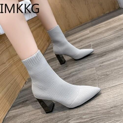 Autumn Womens Boots 2020 Socks Boots Women Metal Heels Shoes Fashion Pointed Toe Winter Stretch Fabric Ankle Boots