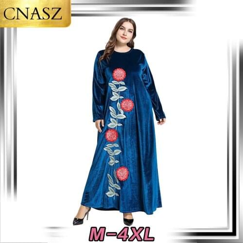 Middle Eastern Dress Islamic Turkey Fashion Embroidered Long-Sleeved Muslim Arab Big Swing Gold Velvet Dress Morrocan Kimono