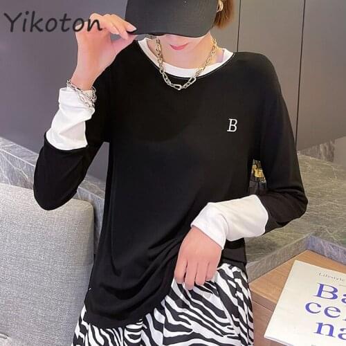 Korean Style Casual Womens T-shirt Patchwork Letter Tops Women 2021 Autumn Long Sleeve Shirts O-Neck Female Clothing y2k Blusa