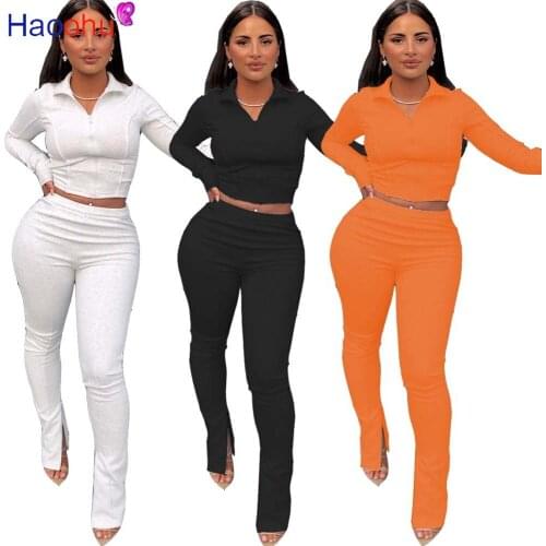 Casual Sporty Fitness Two Piece Set 2020 Autumn Fashion Women Long Sleeve Zipper Crop Top and Split Hem Skinny Pant Tracksuits