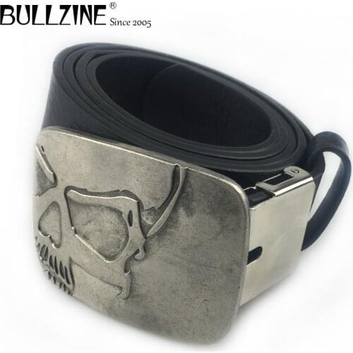 The Bullzine heavy skull belt buckle with antique silver finish with PU belt and connecting clasp FP-03698
