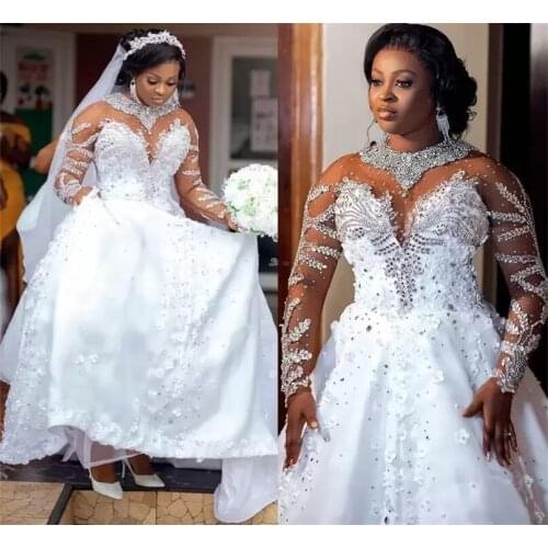 Plus Size Arabic Luxurious Lace Crystals Wedding Dress Sheer Neck Long Sleeves Beaded A-line Bridal Gowns Dresses