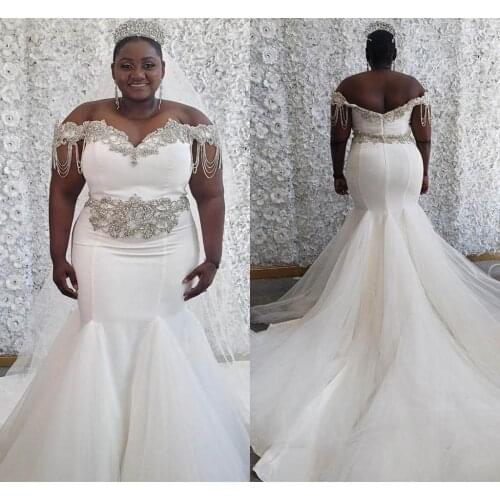 Plus Size Satin Wedding Dresses Mermaid Beading Off Shoulder Crystals Custom Made African Women Bridal Dress Open Back
