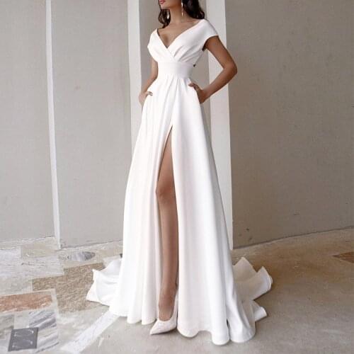 V-Neck Wedding Dress Fashion Short Sleeve Sweep Train Slit A Line Bridal Gown with Pockets Dress for Women