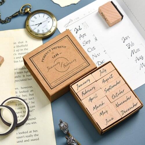 DIY Retro Vintage Week Month Planner Stamp Basic Function Series Digital Symbol Stamp Wooden Seal Stationery Office Supplies