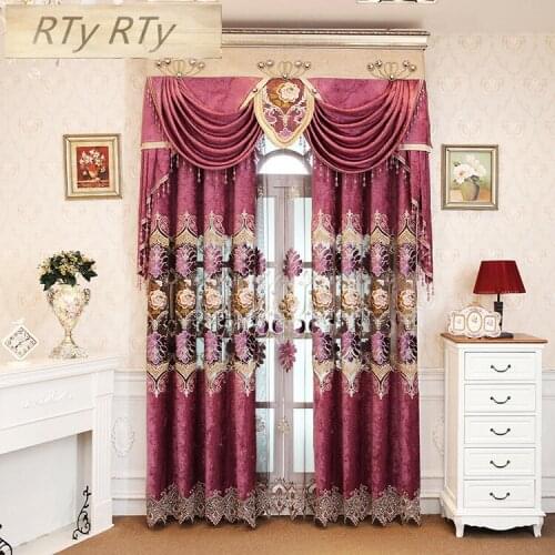 Chenille Purple Luxury elegance Embroidery Blackout curtains for living room French window high quality curtains for Kitchen