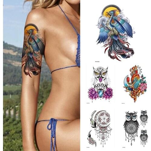 1Sheet Waterproof Temporary Tattoo Flower Women Fashion Phoenix Owl Tattoos Arm Sleeve Fake Tattoo For Girls Kids