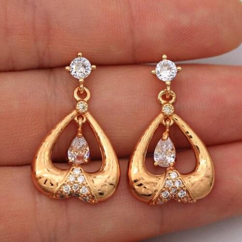 Trendy Gold Plated Copper Heart Stud Earrings White Waterdrop Zirconia For Women Fashion Jewelry Accessories Anniversary Gift