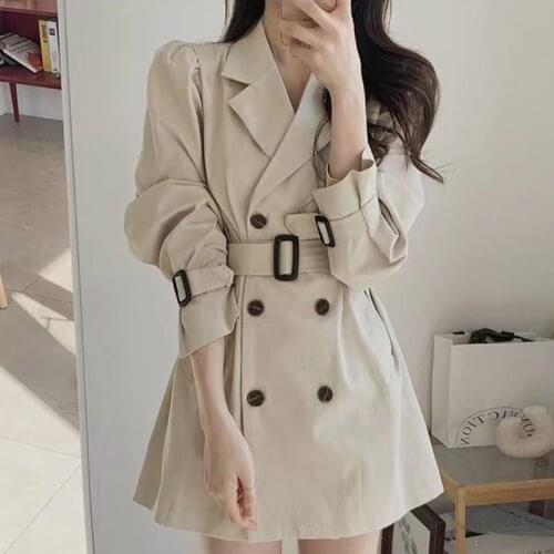 Woman Trench Jacket Korean Fashion 2021 Autumn Elegant Suit Collar Double-breasted Lace-up Waist Puff Sleeve Windbreaker Dress