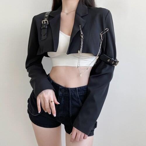 Buckle Fashion New Streetwear Blazer Cropped Coat Fall Winter Solid Jackets Outerwear 2021 Woman Punk Chain Black Short Jacket