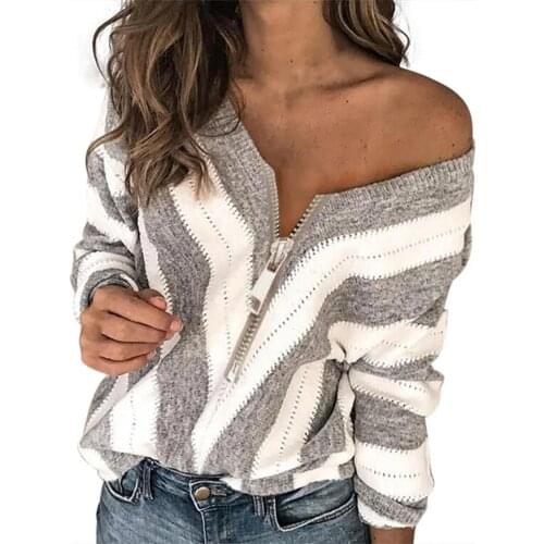 New Stripped Print Zipper Neck Casual Knitted Sweater Long Sleeve Pullover Loose Fit V-Neck Women Knitwear Ladies Clothing