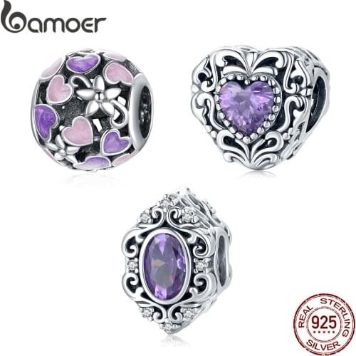 Bamoer Vintage 925 Sterling Silver Purple Crystal Bead Pattern Heart Charm for Original Bracelet Bangle for Women Fine Jewelry