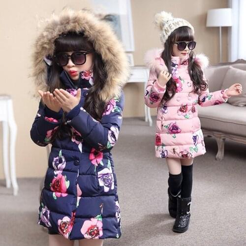 Winter Coat for Kids Floral Print Long Girl Jackets Girls Outerwear Coats Children Kids Snowsuits Winter Teenage Girls Clothing