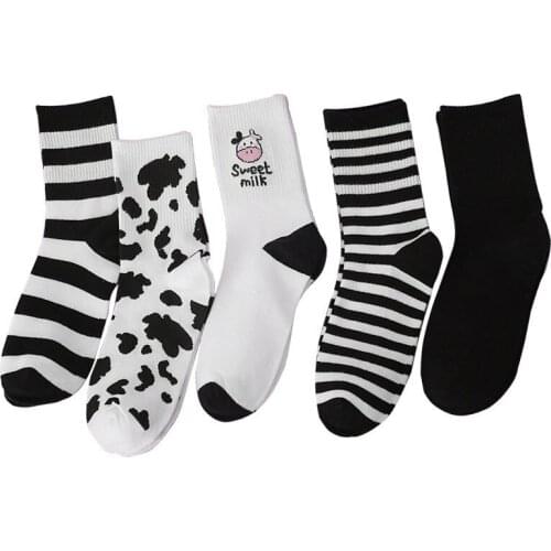 1 Pair Women Retro Cartoon Black And White Cow Striped Middle Tube Socks Black Versatile Sports Female Socks