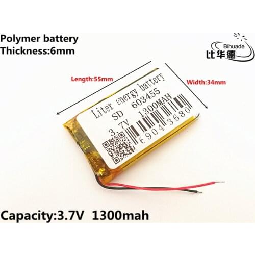 1pcs/lot 3.7V,1300mAH,603455 Polymer lithium ion / Li-ion battery for TOY,POWER BANK,GPS,mp3,mp4