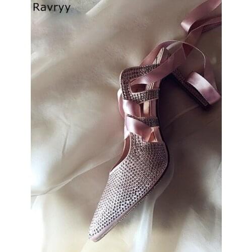 2018 Luxury woman high heels bling bling rhinestone decor lace up sandals stiletto pumps elegant female dress party shoes