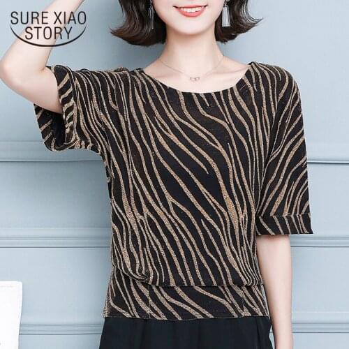 2021 Ladies Pullover Tops Blusas Mujer Summer Short Sleeve Striped Blouse Women Cotton Casual O Neck Plus Size Women Shirt 10126
