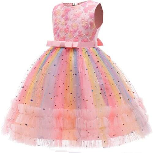 2021 Colorful Star Tutu Dress Kids Wedding Dresses For Children Costume Lace Princess Party Dress Girl Infant Vestido Sleeveless