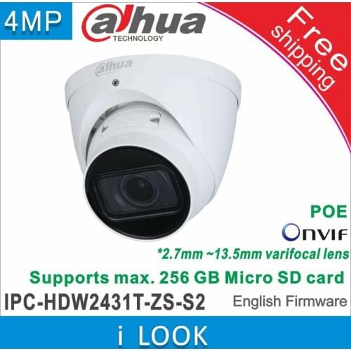 Free shipping Dahua IPC-HDW2431T-ZS-S2 4MP POE IR 40M Motorized vari-focal 2.7 mm–13.5 mm Eyeball Network IP Camera CCTV h.265
