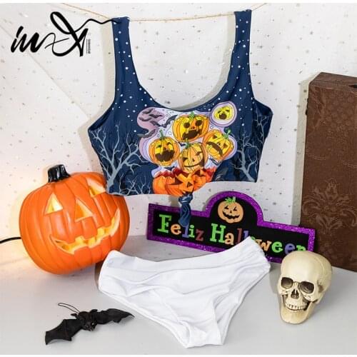 In-X Halloween bikinis 2021 mujer Bandeau swimsuit women Print swimwear female Sports bathing suit High waist 2 piece set summer