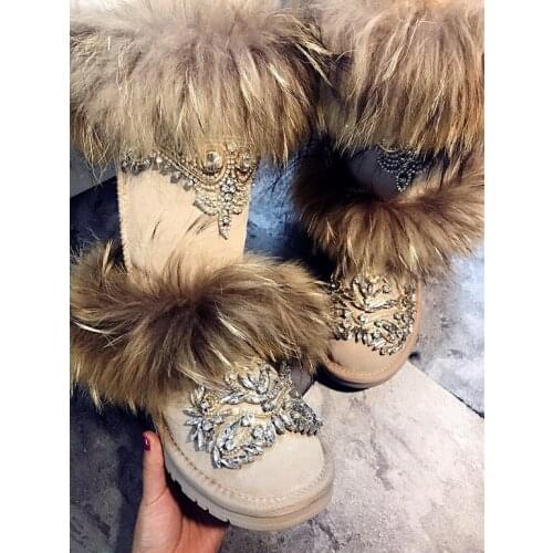 Oversized fox fur crystal crown fur and leather snow boots