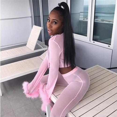 FUFUCAILLM Sexy Women Pants Sets Sheer Mesh See-through Slimming Long Sleeve with Feather Vneck Tops High Waist Trouser Clubwear