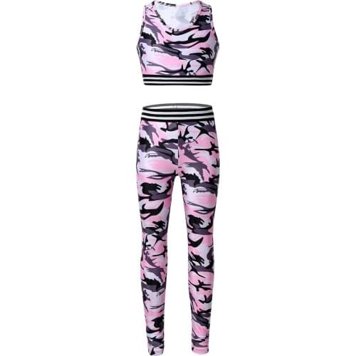 Kids Girls Ballet Jazz Gymnastics Dance Costume Camouflage Printed Tracksuit Dancewear Stretchy Crop Top with Leggings Pants Set