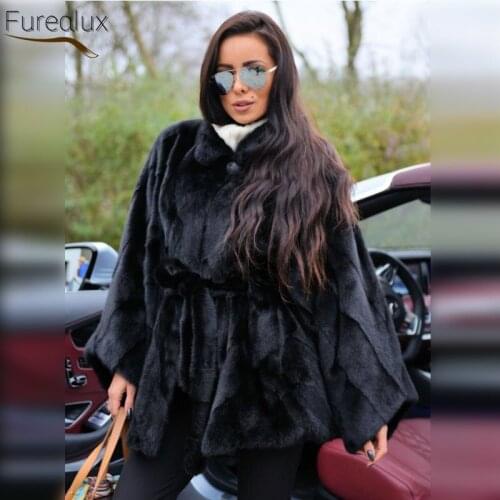 FUREALUX Natural Real Mink Coat Genuine Fur Winter 2021 Top Fashionista Womens Elegant Thick Warm Jacket Solid Color Bat Shirt