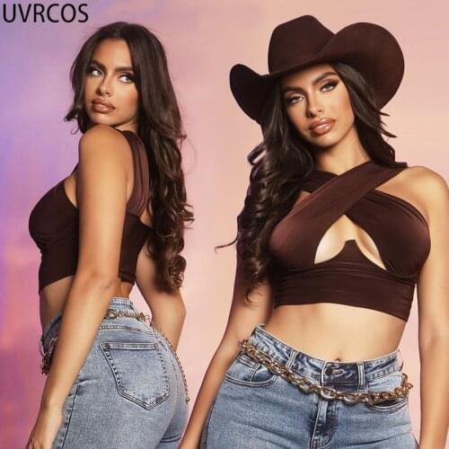 UVRCOS Womens T-Shirt Fashion Casual Solid Color Halter Sexy Mujer Females Tube Top Bar Nightclub Chest Hollow Out Sweatsuit