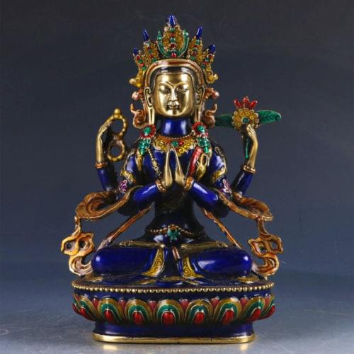 EXQUISITE Cloisonne Handwork Carved Statue Four-armed Avalokitesvara Bidhisattva