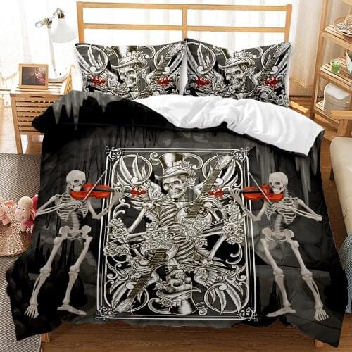 Skull Violin Bedding Set King Size Black Flowrs Skullcandy Duvet Cover for Adults Black Double Bed 3D Quilt Home Christmas Gift