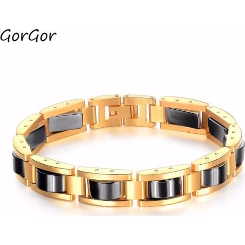 GorGor Fashion Elegant Man Boyfriend Stainless Steel Mantra Gold Exquisite Hidden Clasp Adjustable Black Magnet Bracelet TS751