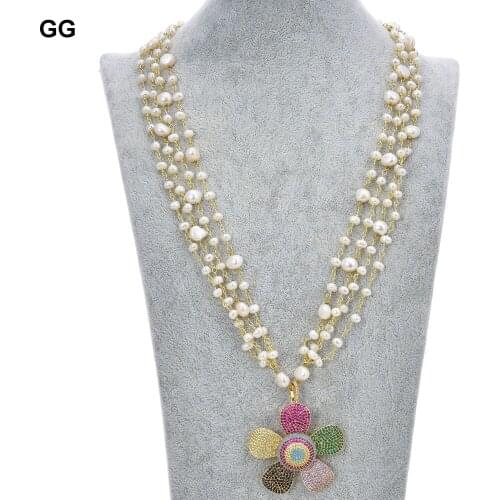 GuaiGuai Jewelry Natural Pearl 24'' 4 Rows White Pearl Necklace CZ Pave Flower Pendant For Women